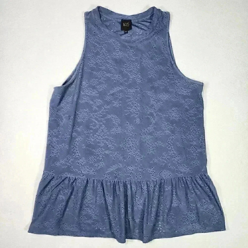 W5 Woman Navy Blue Sleeveless Top M‎ Anthropologie Shirt Lace Fabric Ruffle